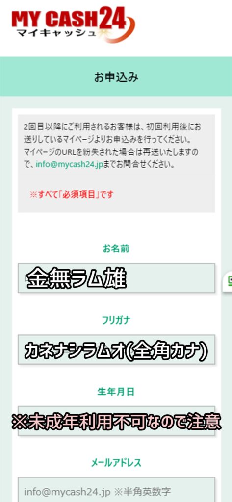 ②名前や生年月日を記入
次にmycash24の申込み画面